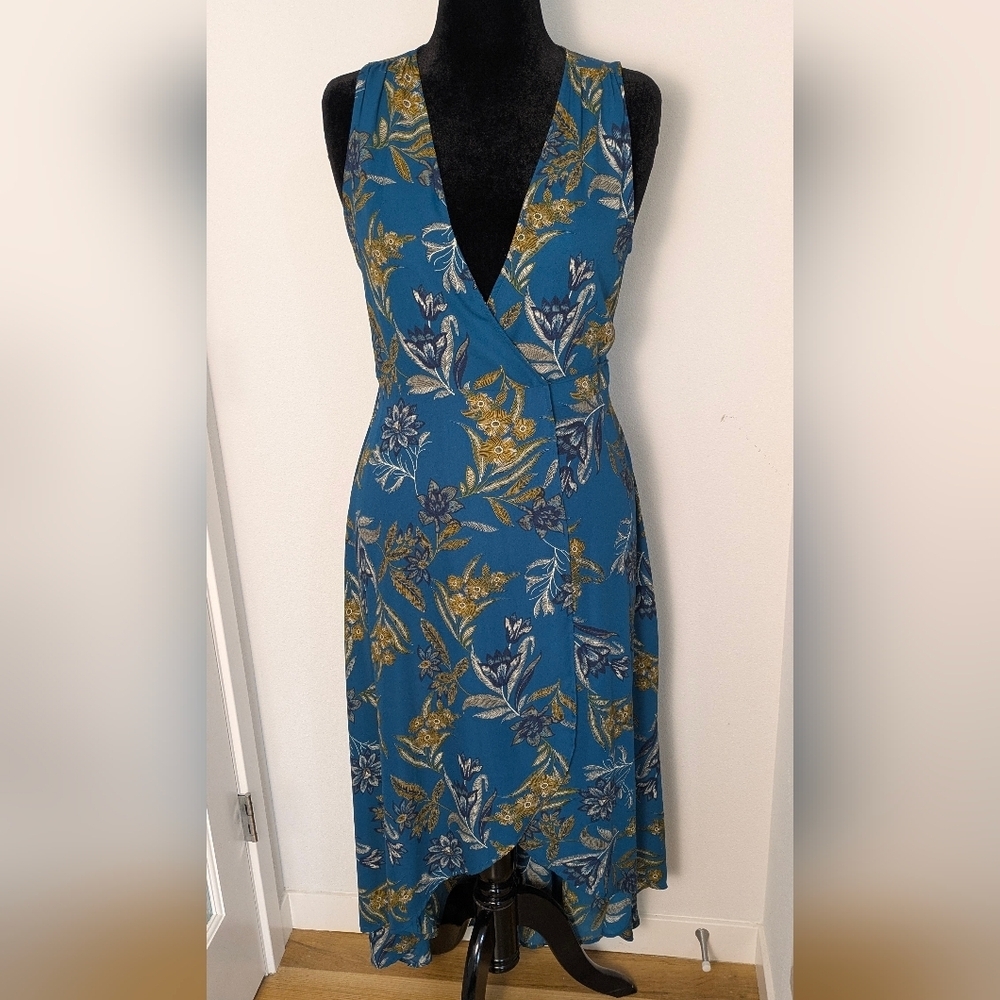 Allison Joy Sleeveless Floral V-Neck Wrap Midi Dress Size S Petrol High Low Boho
